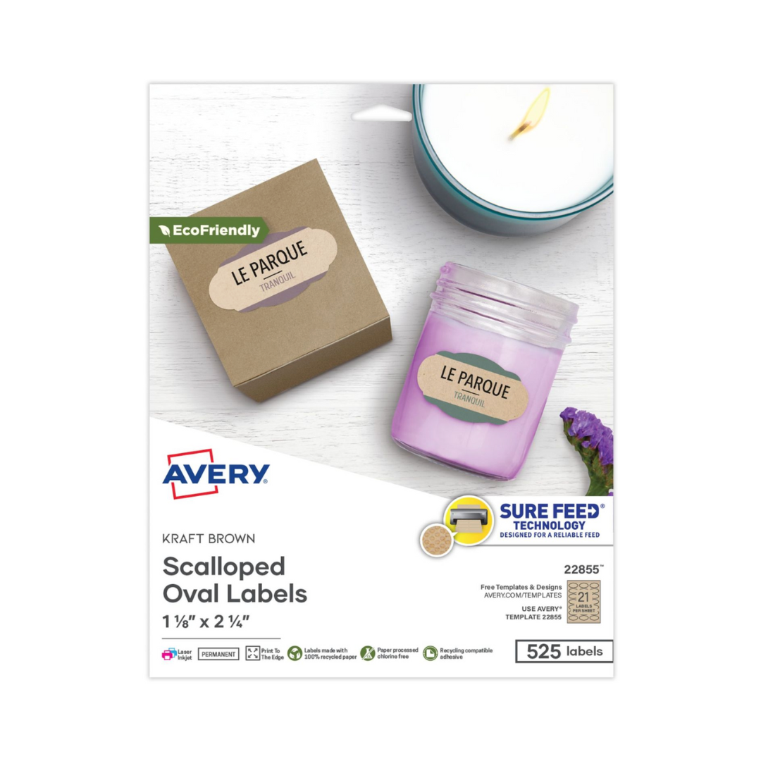 Avery® Etiquetas ovaladas festoneadas de 5.7 x 2.9 cms, marrón kraft, 525 etiquetas, adhesivo permanente (22855)