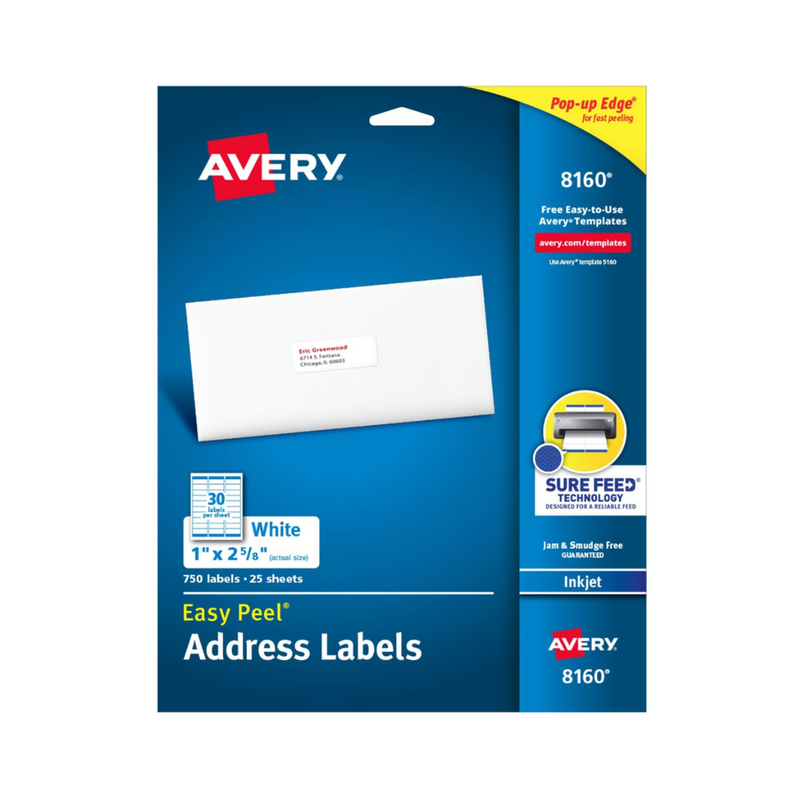 Avery® Etiquetas para nombres y direcciones,  despegado fácil, tecnología Sure Feed™, adhesivo permanente, 6.6 x 2.5 cms, 3000 etiquetas (5160)