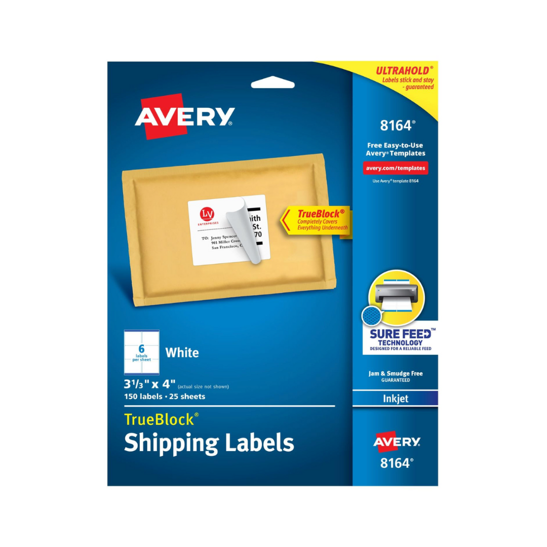Avery® Etiquetas para envíos, TrueBlock®, tecnología Sure Feed™, adhesivo permanente, 10.2 x 8.5 cms, 150 etiquetas (8164)