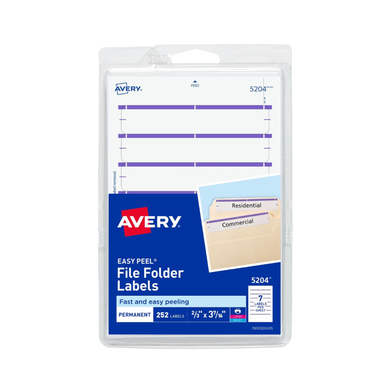 Avery® Etiquetas para carpetas de archivos en hojas de 10 x 15 cms, despegado fácil, blanco/morado, impresas o escritas a mano, 8.7 x 1.7 cms, 252 etiquetas (5204) Avery® Etiquetas para carpetas de archivos en hojas de 10 x 15 cms, despegado fácil, blanco/morado, impresas o escritas a mano, 8.7 x 1.7 cms, 252 etiquetas (5204)