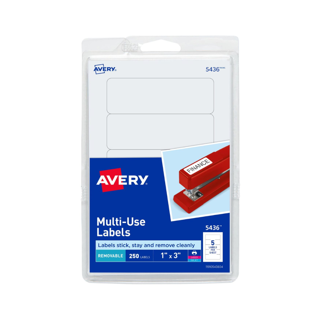 Etiquetas removibles multiuso Avery®, 7.6 x 2.5 cms, etiquetas de identificación impresas o escritas, blancas, 250 etiquetas en total (05436)