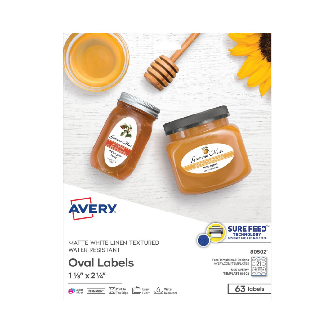 Avery® Etiquetas ovaladas resistentes al agua de 5.7 x 2.9 cms, 63 etiquetas, adhesivo permanente, blanco mate texturizado (80502)