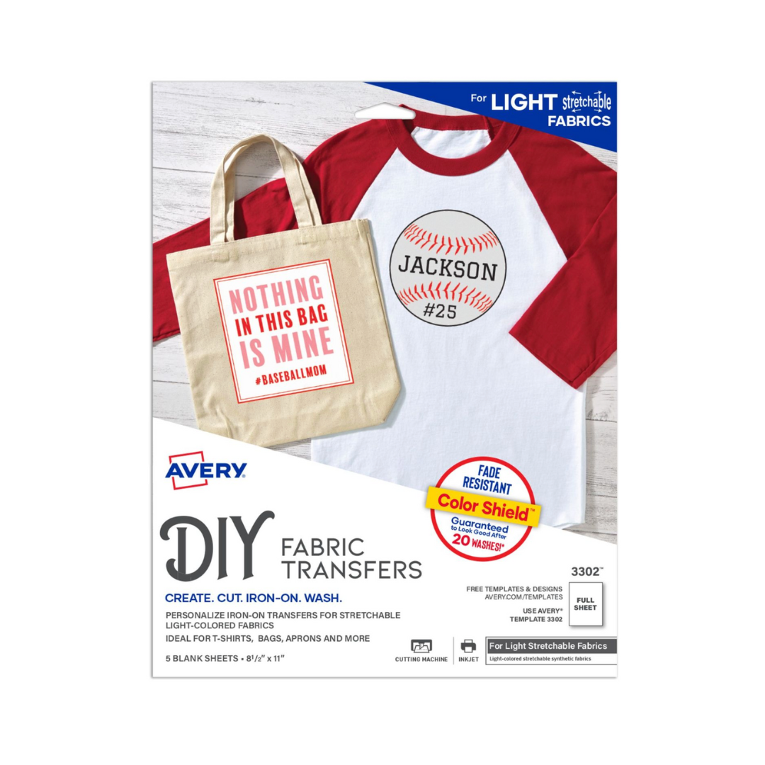 Avery® Papel transfer para telas claras sintéticas o elásticas, 21.5 x 27.9 cms, Impresora de inyección de tinta, 5 hojas mate (3302)