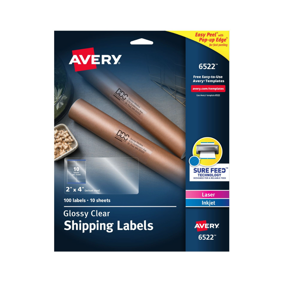 Avery® Etiquetas para hacer envíos,  Easy Peel®, brillantes, transparentes, 10.2 x 5.1 cms, 100 etiquetas (6522)