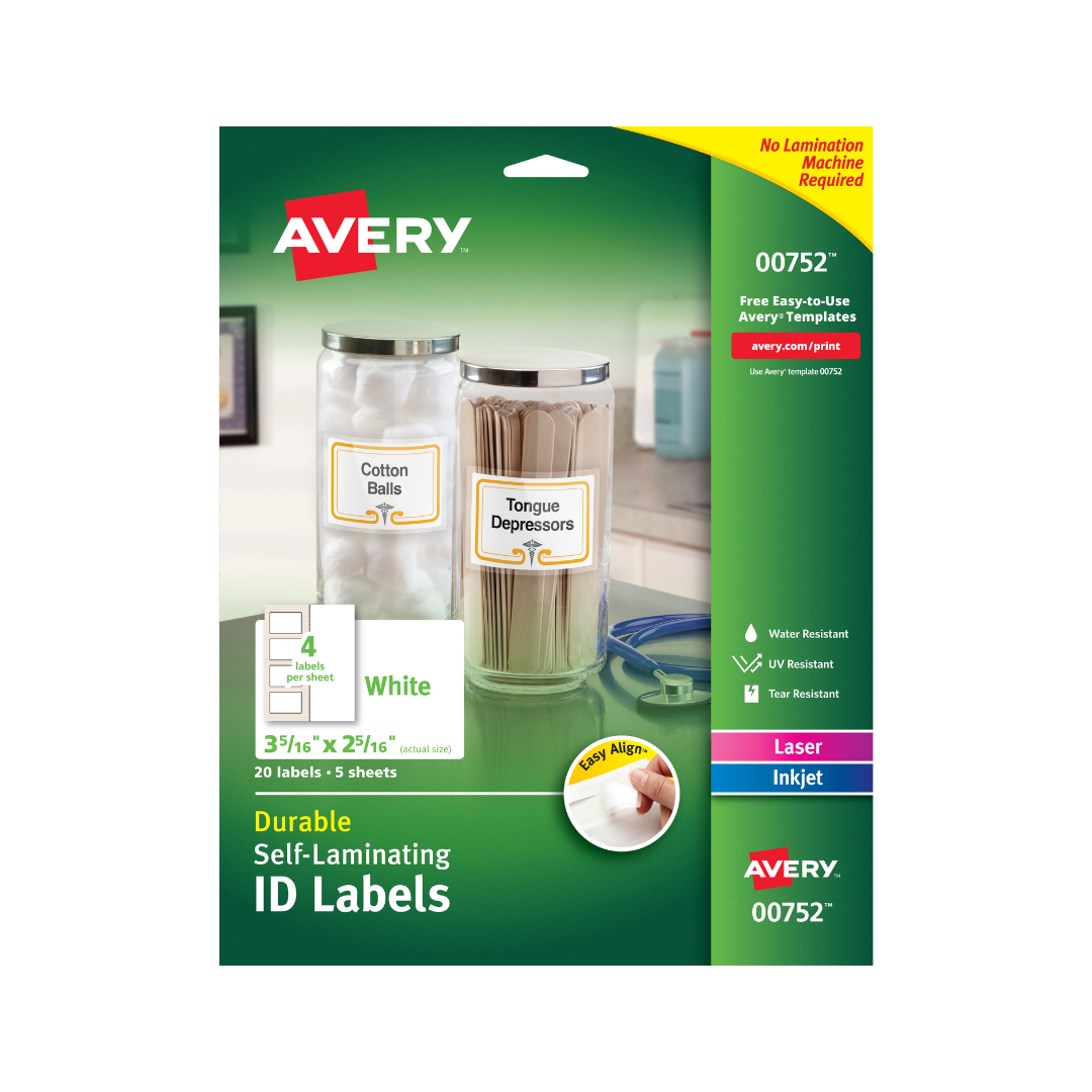 Avery® Etiquetas de identificación autolaminables, Easy Align®, adhesivo permanente, 8.4 x 5.9 cms, 20 etiquetas (00752)