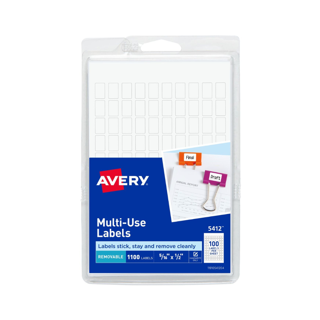 Avery® Etiquetas removibles multiuso, 1.3 x 0.8 cms, blancas, no imprimibles, 1100 pegatinas pequeñas en total (5412)