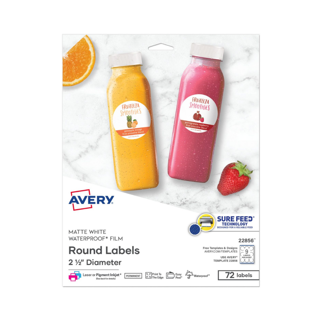 Avery® Etiquetas redondas impermeables, tecnología Sure Feed, 6.4 cms de diámetro, láser/inyección de tinta pigmentada, 72 etiquetas (22856)