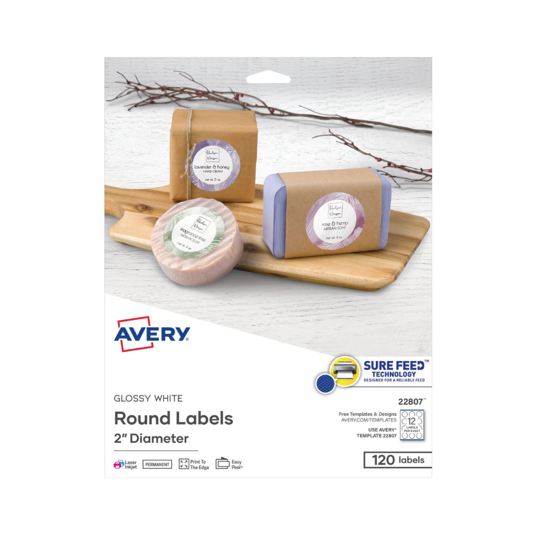 Avery® Etiquetas redondas blancas brillantes, con Sure Feed™, 5.1 cms de diámetro, 120 etiquetas, adhesivo permanente (22807)