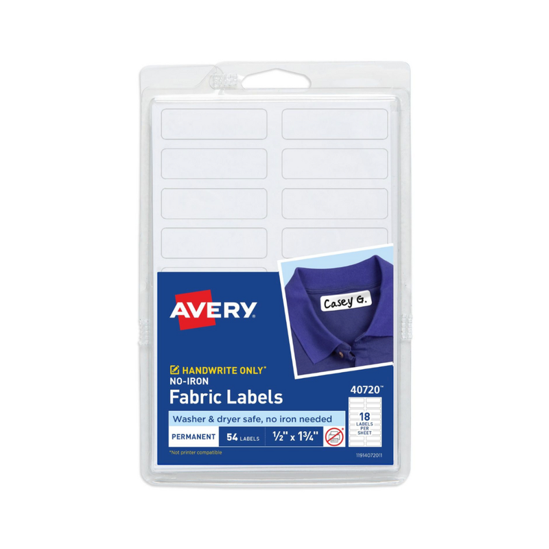 Avery® Etiquetas de tela sin planchado, etiquetas rectangulares de 4.4 x 1.3 cms, aptas para lavadora y secadora, no imprimibles, 54 en total (40720) Avery® Etiquetas de tela sin planchado, etiquetas rectangulares de 4.4 x 1.3 cms, aptas para lavadora y secadora, no imprimibles, 54 en total (40720)