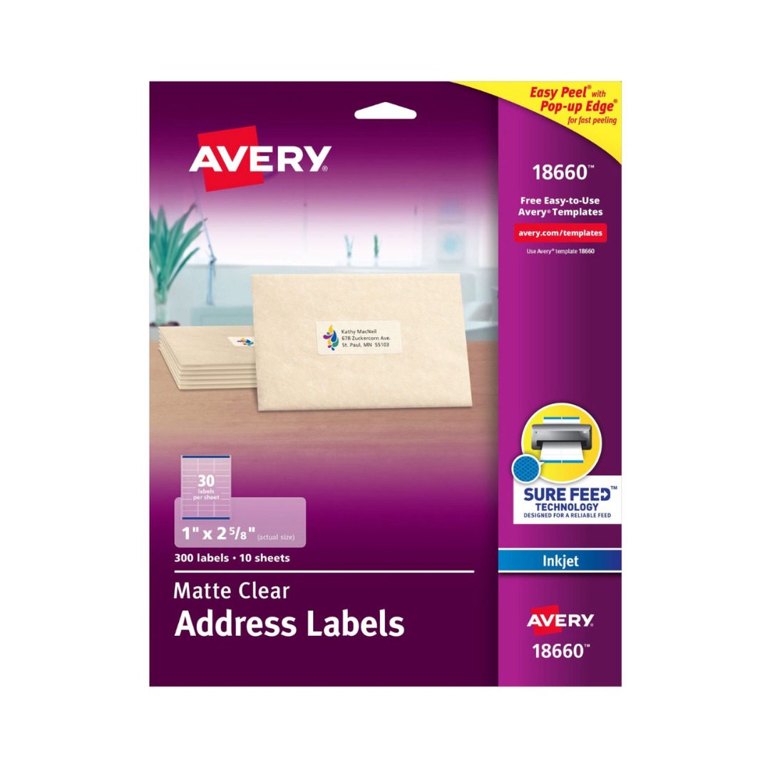 Avery® Etiquetas de dirección transparentes mate, tecnología Sure Feed™, inyección de tinta, 6.7 x 2.5 cms, 300 etiquetas (18660)