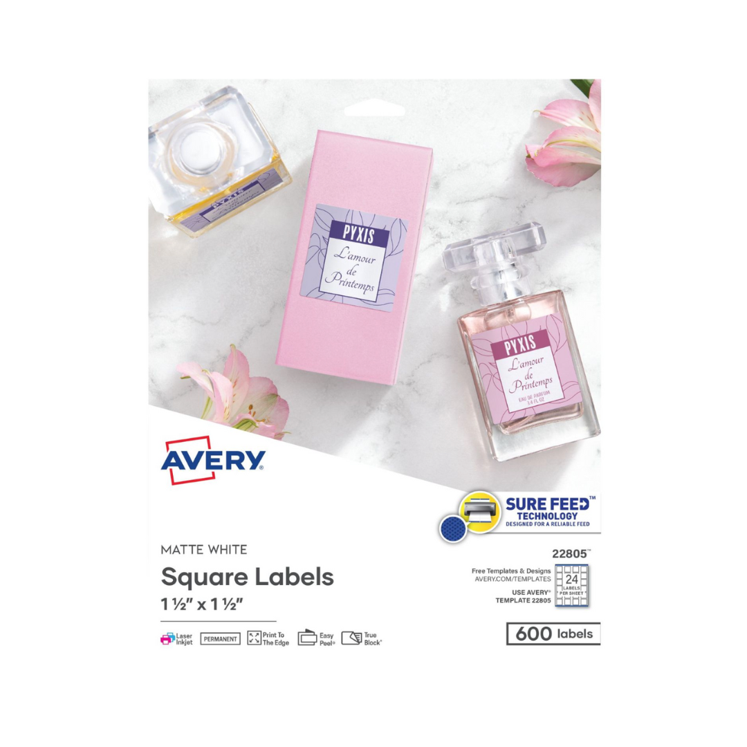 Avery® Etiquetas cuadradas de 3.8 x 3.8 cms, 600 etiquetas, adhesivo permanente, blanco mate (22805)