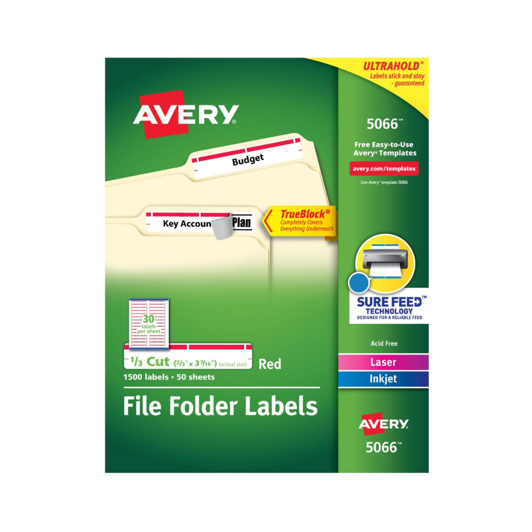 Avery® Etiquetas para carpetas de archivos TrueBlock®, 8.7 x 1.7 cms, 1500 etiquetas imprimibles, adhesivo permanente, blanco/rojo (5066)