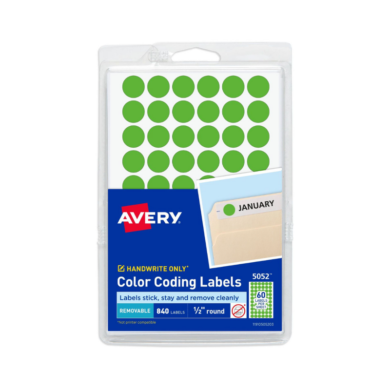 Avery® Etiquetas removibles, codificación de colores , pegatinas redondas de 1.3 cms diámetro, verde neón, no imprimibles, 840 pegatinas de puntos en total (5052) Avery® Etiquetas removibles, codificación de colores , pegatinas redondas de 1.3 cms diámetro, verde neón, no imprimibles, 840 pegatinas de puntos en total (5052)