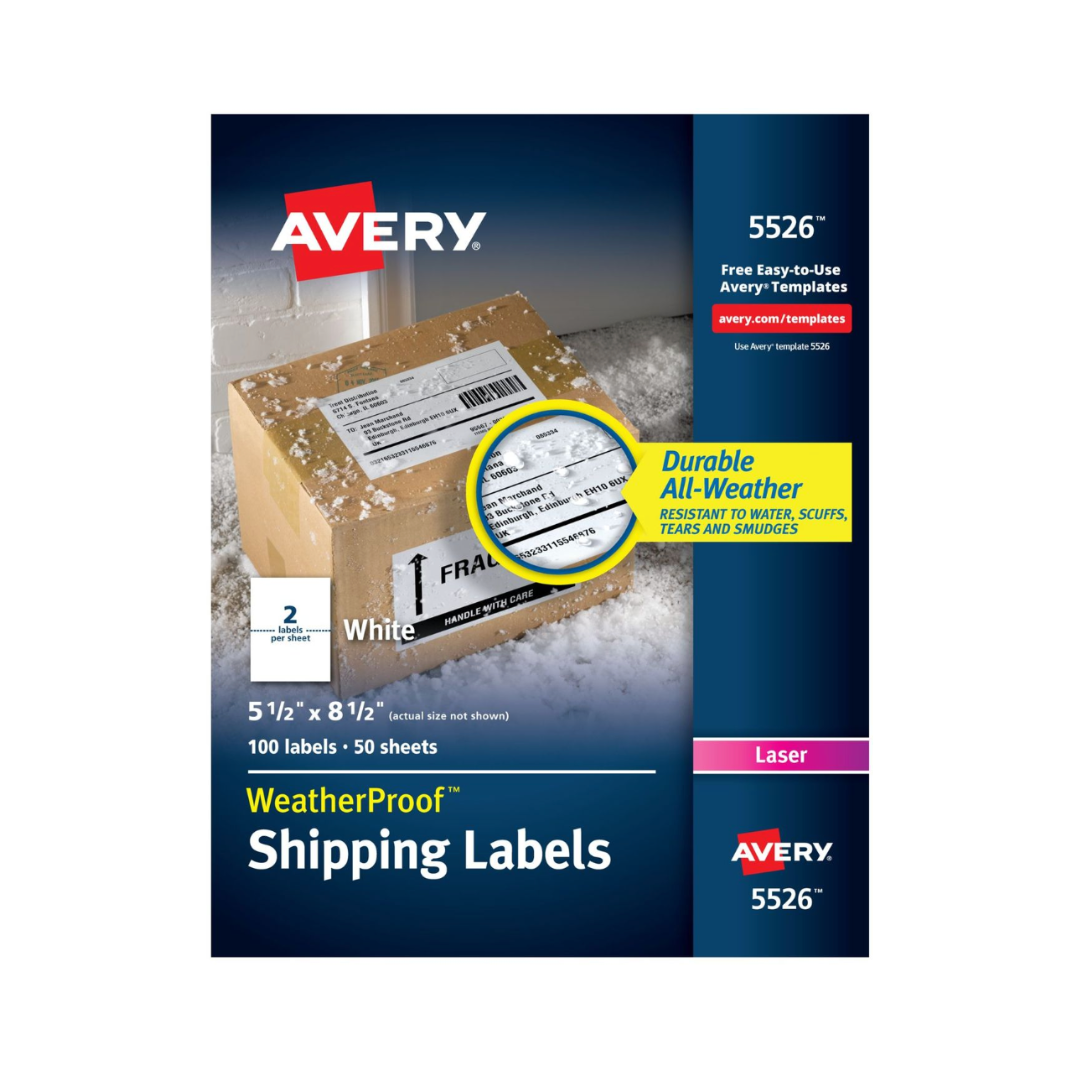 Avery® Etiquetas impermeables con adhesivo permanente Ultrahold®, Sure Feed™, TrueBlock®, láser, 21.6 x 14 cms, 100 etiquetas (5526)