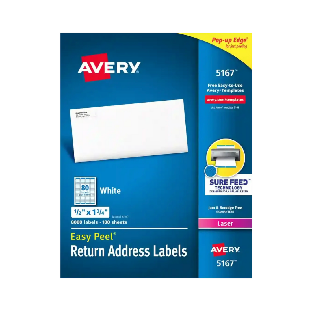 Avery® Etiquetas para hacer envíos, Easy Peel®, tecnología Sure Feed™, adhesivo permanente, 1.3 x 4.4 cms, 8000 etiquetas (5167)