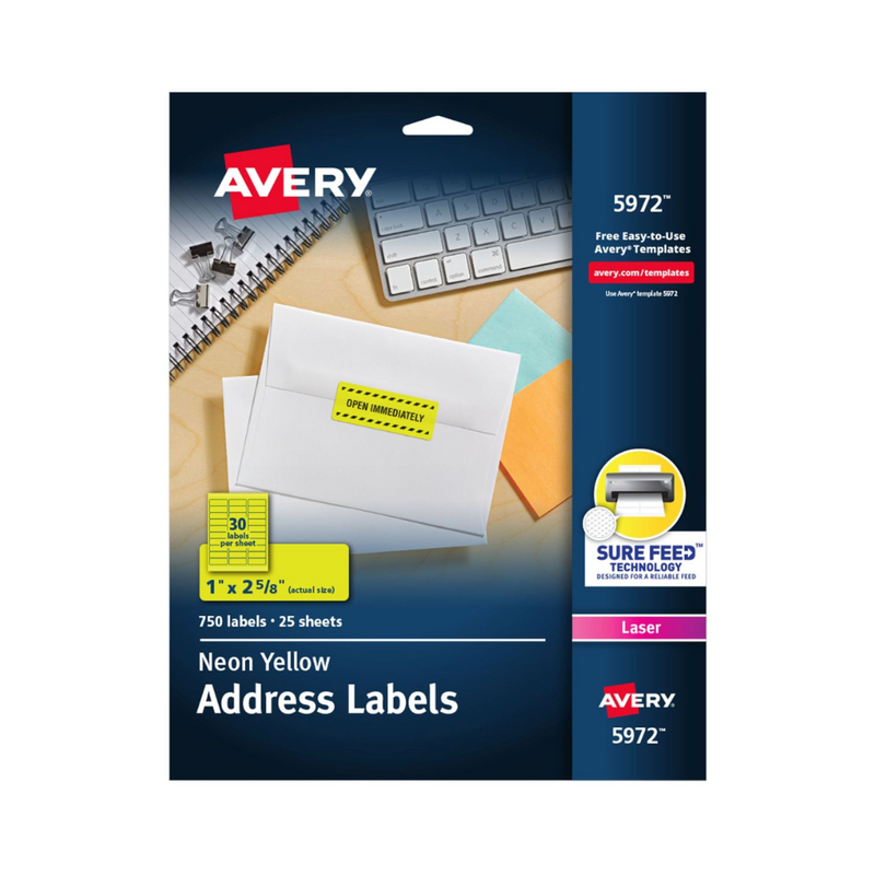 Avery® Etiquetas para direcciones, color amarillo neón, Sure Feed™, impresión láser, 6.7 x 2.5 cms, 750 etiquetas (5972)