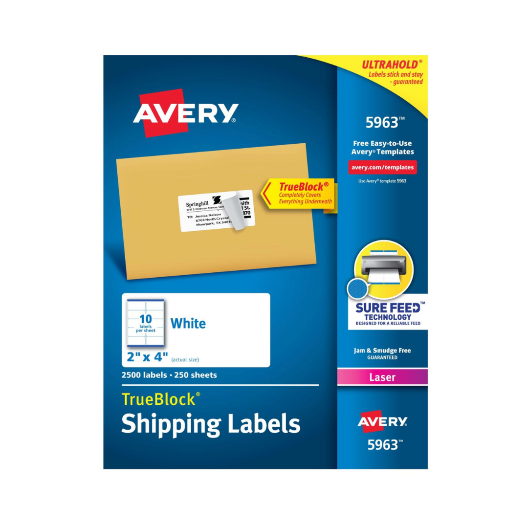 Avery® Etiquetas para envíos, TrueBlock®, tecnología Sure Feed™, adhesivo permanente, 10.2 x 5.1 cms, 2500 etiquetas (5963)