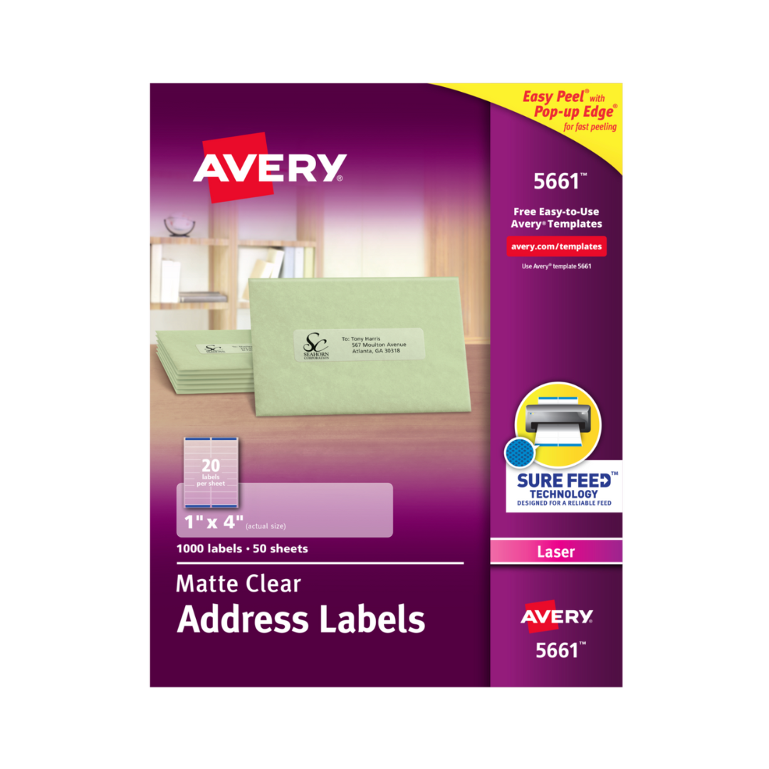 Avery® Etiquetas para nombres y direcciones, transparentes mate, tecnología Sure Feed™, láser, 10.2 x 2.5 cms, 1000 etiquetas (5661)