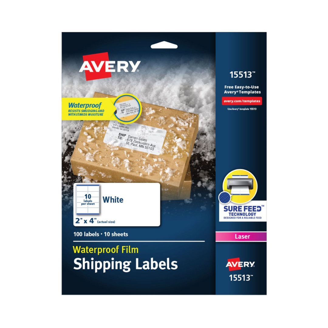 Avery® Etiquetas impermeables con adhesivo permanente Ultrahold®, Sure Feed™, TrueBlock®, láser, 10.2 x 5.1. cms, 100 etiquetas (15513)