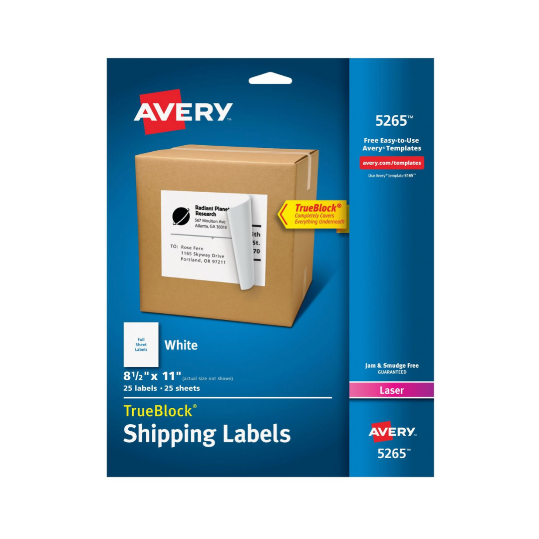 Avery® Etiquetas para envíos, tecnología TrueBlock®, adhesivo permanente, 21.5 x 28 cms, 25 etiquetas (5265)