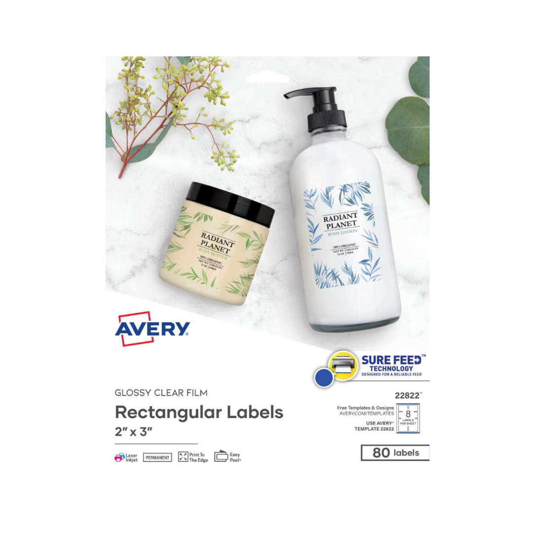 Avery® Etiquetas rectangulares de 7.6 x 5.1 cms con Sure Feed™, 80 etiquetas, adhesivo permanente, transparente brillante (22822)