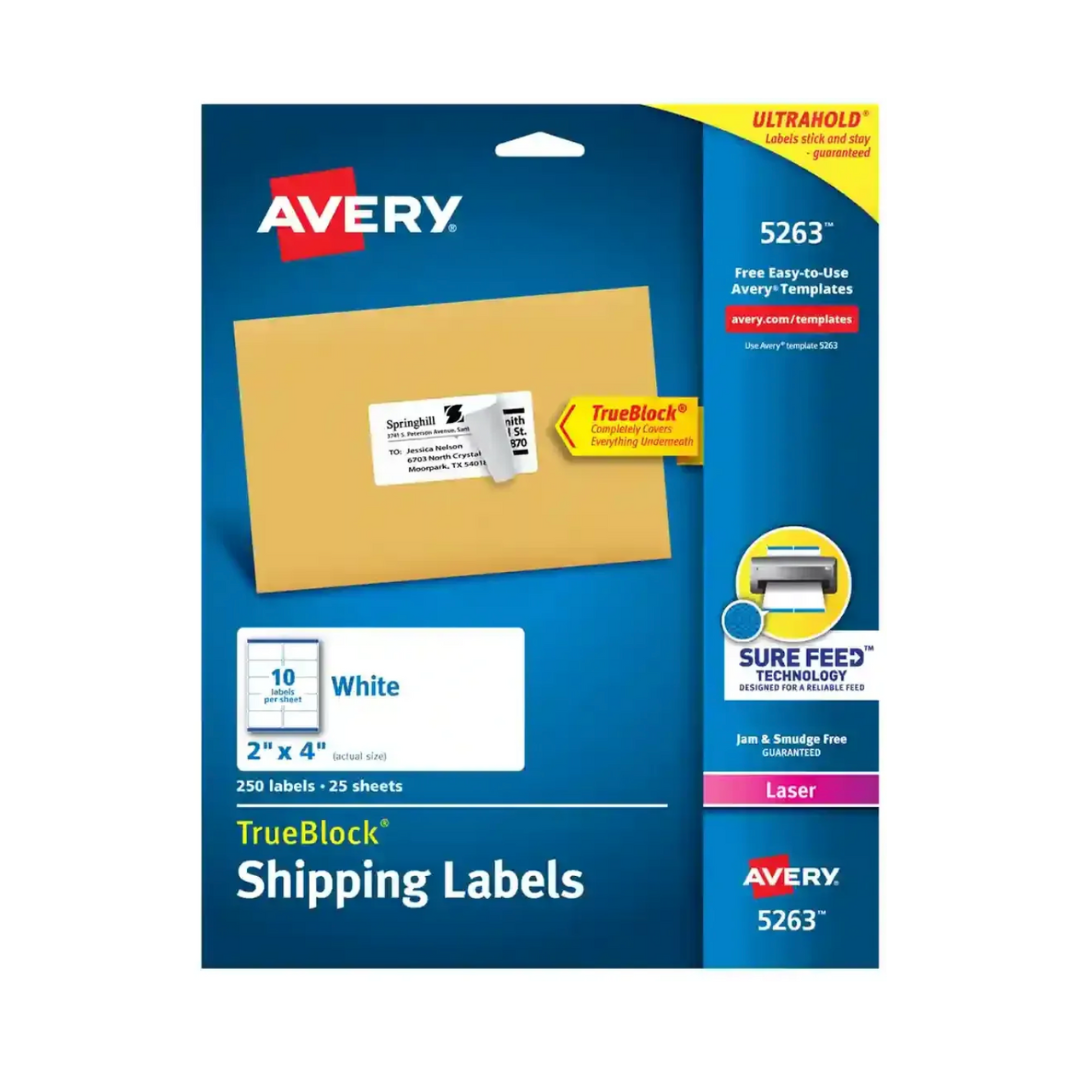 Avery® Etiquetas para envío,  TrueBlock®, Tecnología Sure Feed™ , Adhesivo permanente, 10.2 x 5.1 cms, 250 Etiquetas (5263)