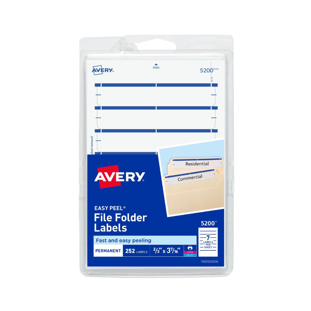 Avery® Etiquetas para carpetas de archivos en hojas de 10 x 15 cms, despegado fácil, blanco/azul, impresas o escritas a mano, 8.7 x 1.7 cms, 252 etiquetas (5200)