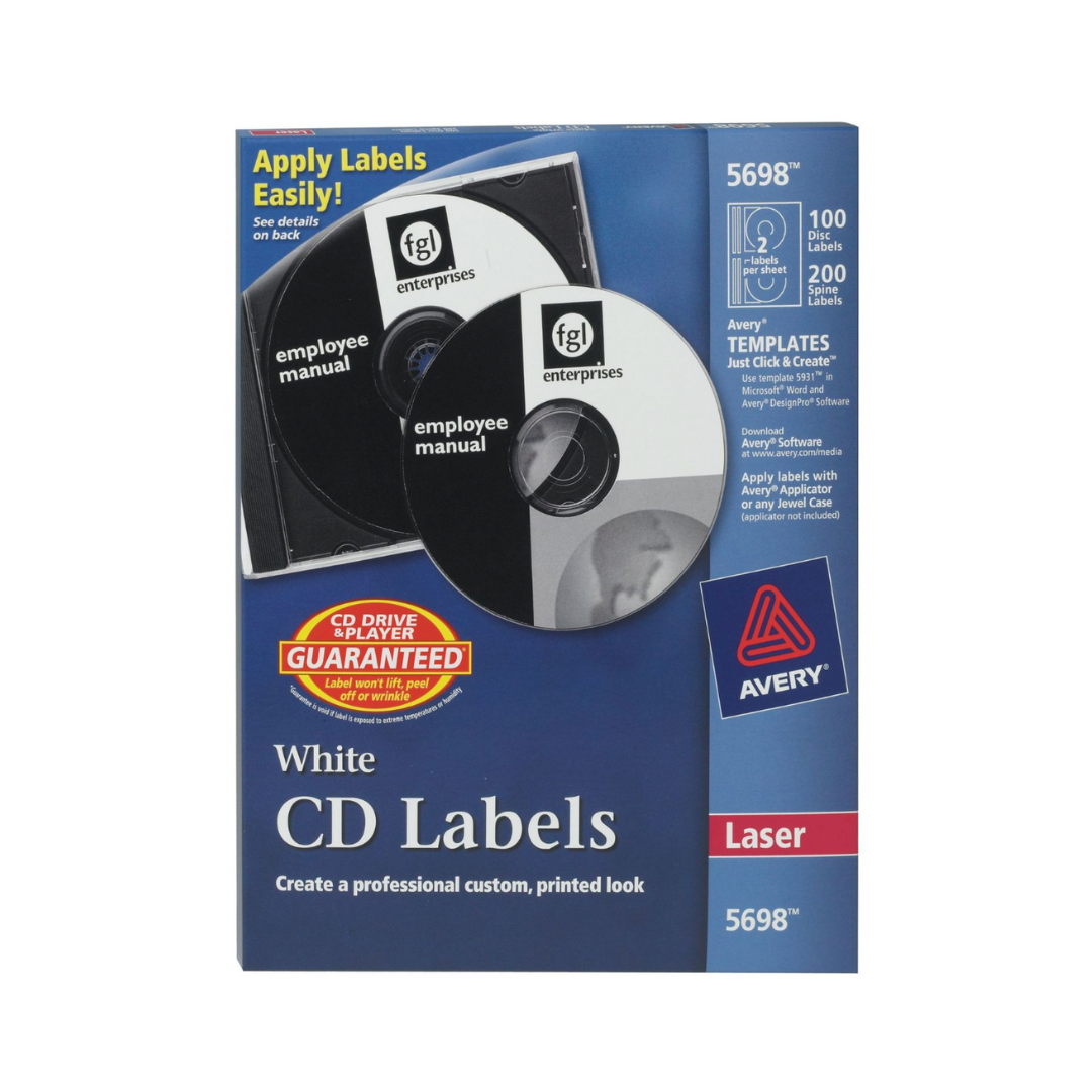 Avery® Etiquetas de CD, impresión láser, 100 etiquetas de disco y 200 etiquetas de lomo (5698)
