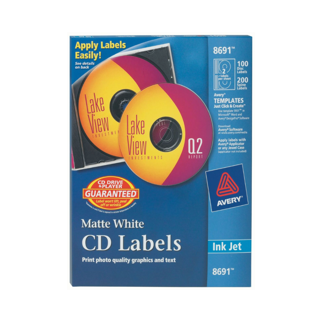 Avery® Etiquetas de CD, blanco mate, impresión inkjet, 100 etiquetas frontales/200 etiquetas de lomo (8691)