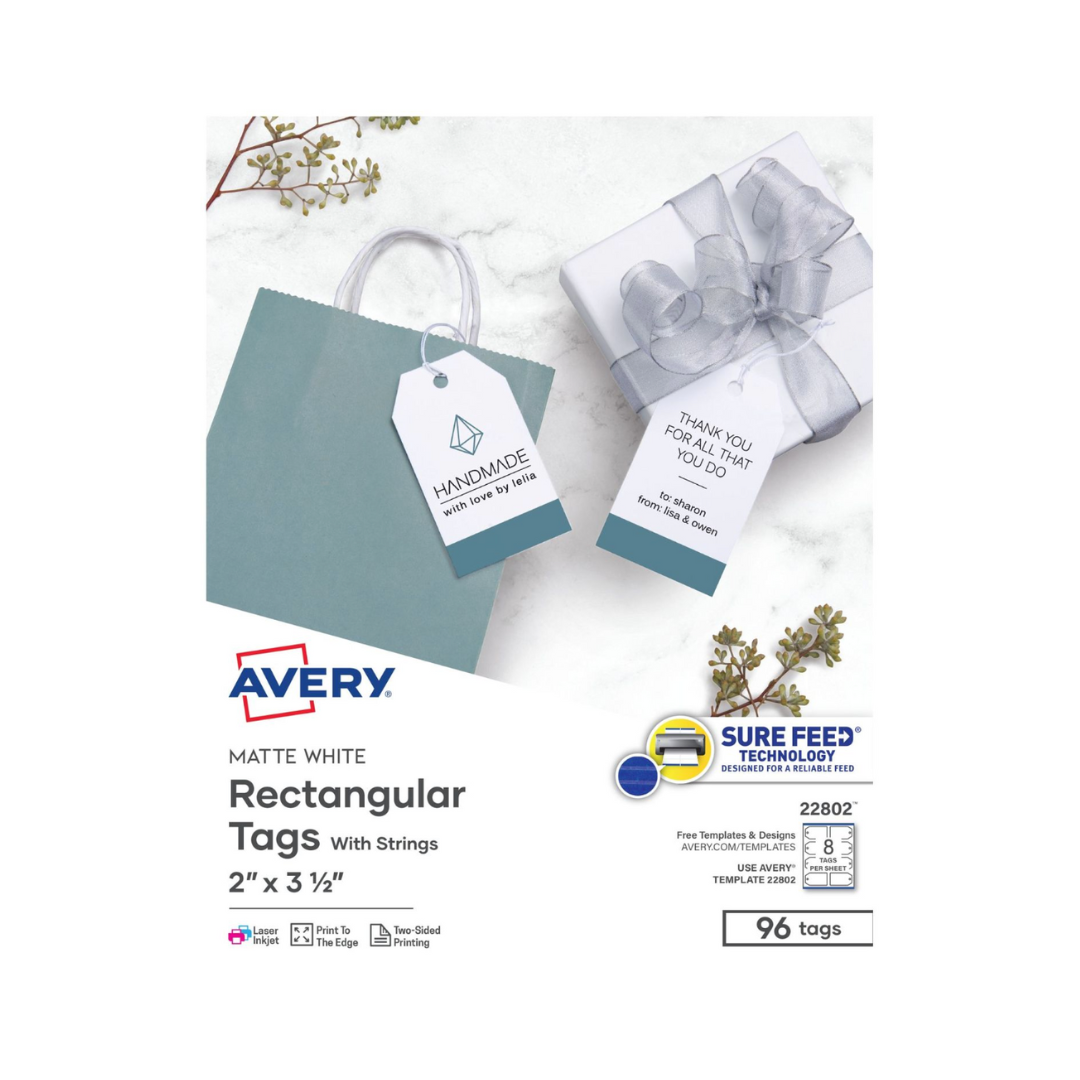 Avery® Etiquetas imprimibles, tecnología SureFeed, 5.1 x 8.9 cms, blancas, 96 etiquetas con cuerdas (22802)