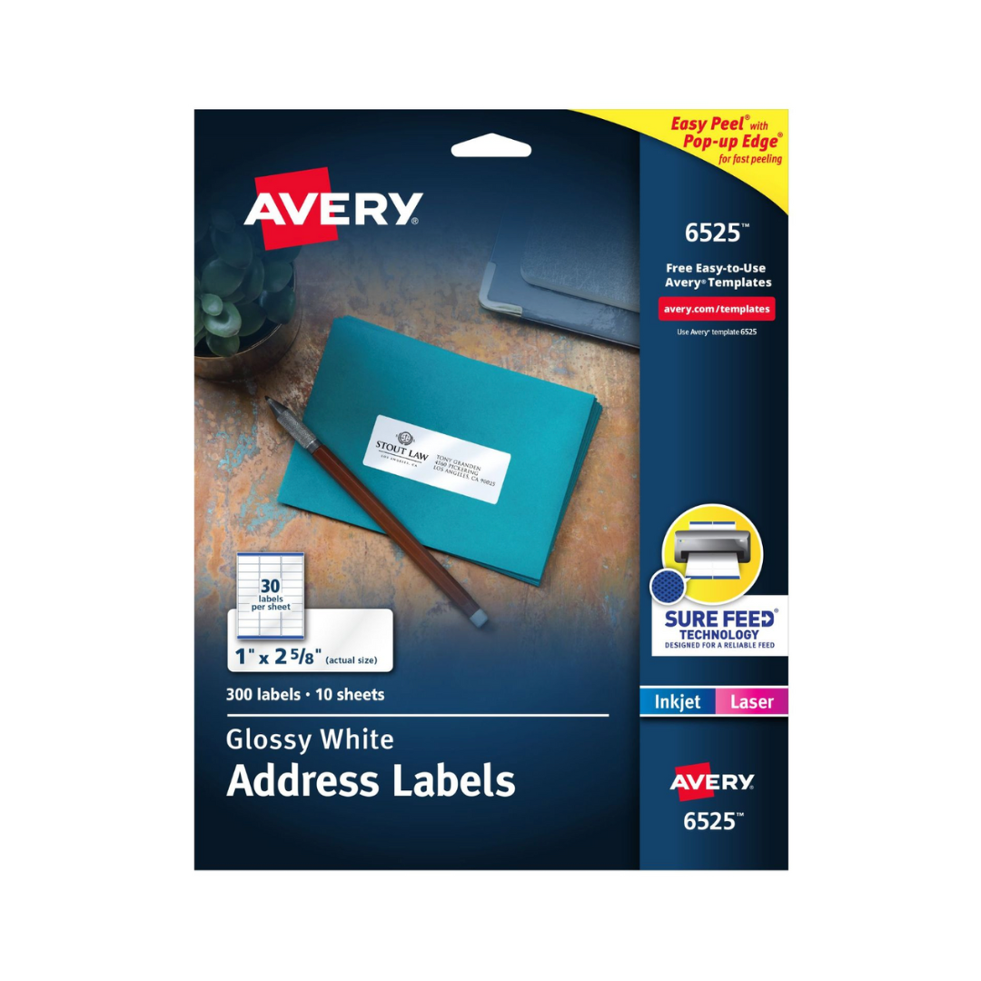 Avery® Etiquetas para nombres y direcciones, con tecnología Sure Feed®, blanco brillante, 6.7 x 2.5 cms, adhesivo permanente, láser, 300 etiquetas (6525)
