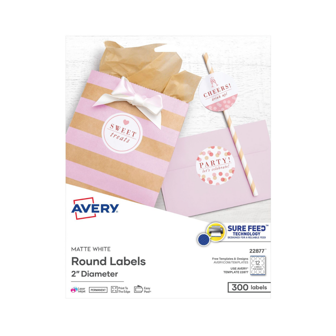 Avery® Etiquetas redondas blancas mate, Sure Feed™, 5.1 cms de diámetro, 300 etiquetas, adhesivo permanente (22877)
