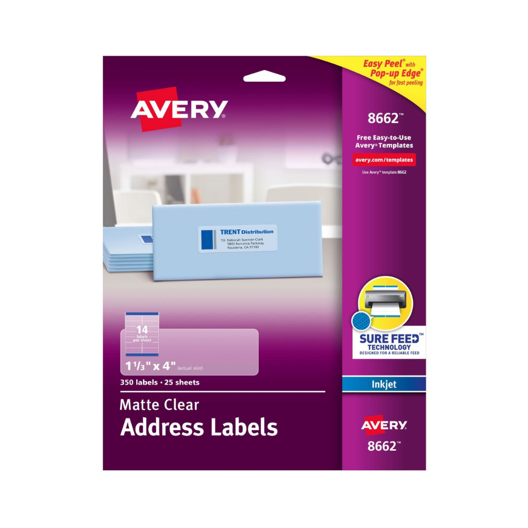 Avery® Etiquetas de dirección transparentes mate, tecnología Sure Feed™, inyección de tinta, 10.2 x 3.4 cms, 350 etiquetas (8662)