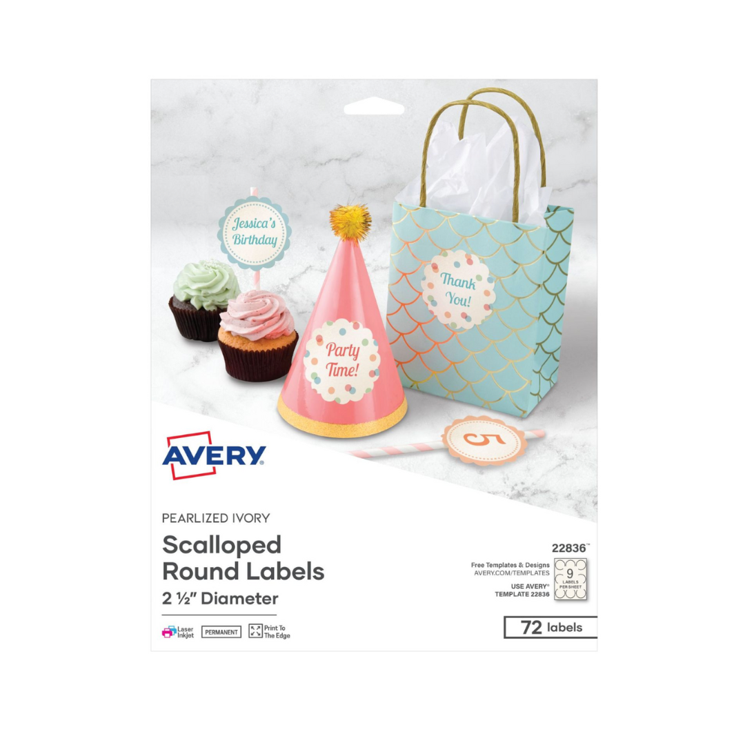 Avery® Etiquetas redondas festoneadas de 6.4 cms de diámetro, marfil perlado, 72 etiquetas, adhesivo permanente (22836)