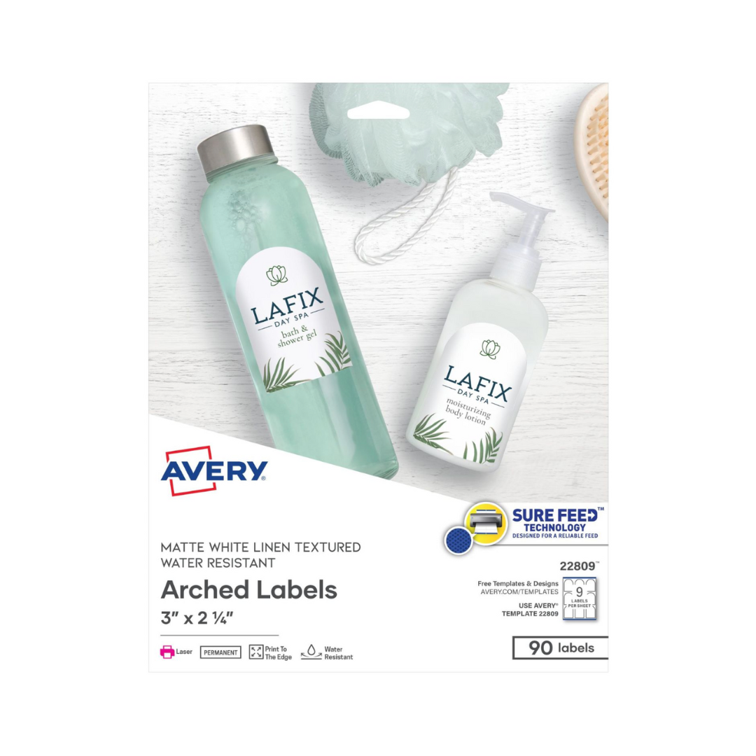Avery® Etiquetas arqueadas de 5.7 x 7.6 cms, Sure Feed™, blanco mate texturizado, 90 etiquetas, adhesivo permanente (22809)