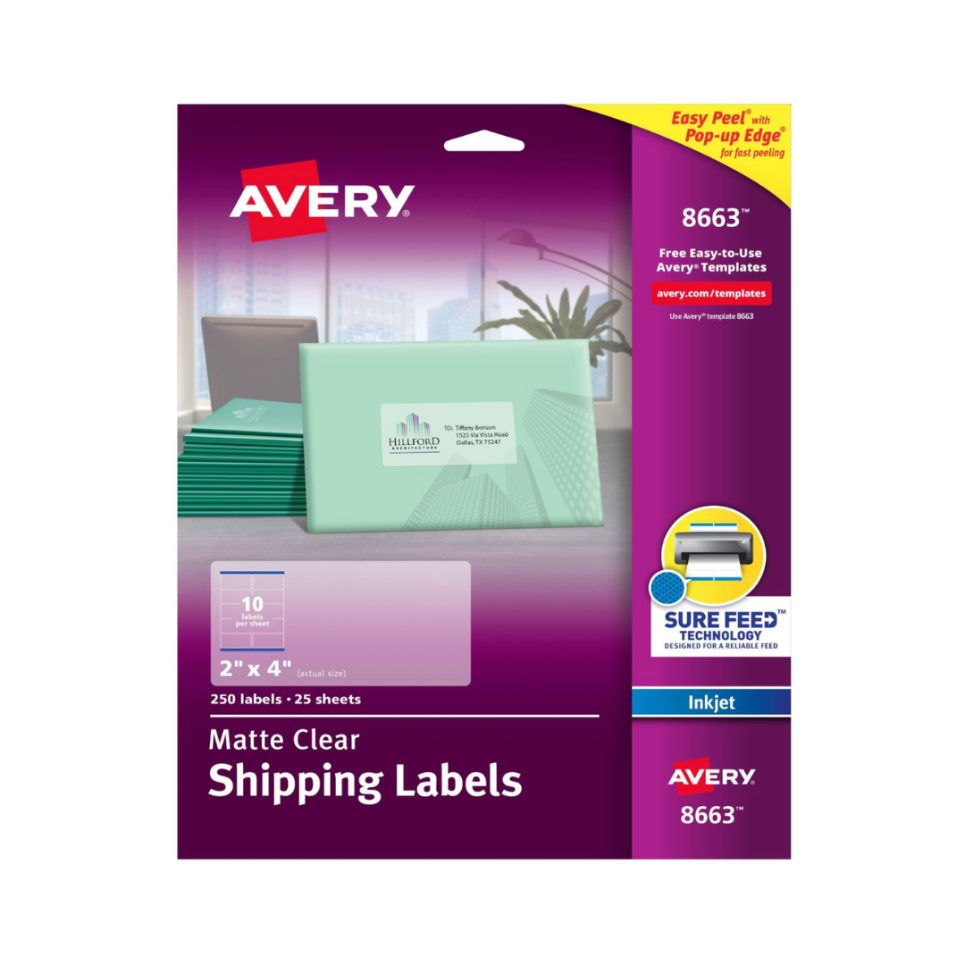 Avery® Etiquetas para envíos, transparentes mate, tecnología Sure Feed™, impresora inkjet, 10.2x  5.08cms, 250 etiquetas (8663)