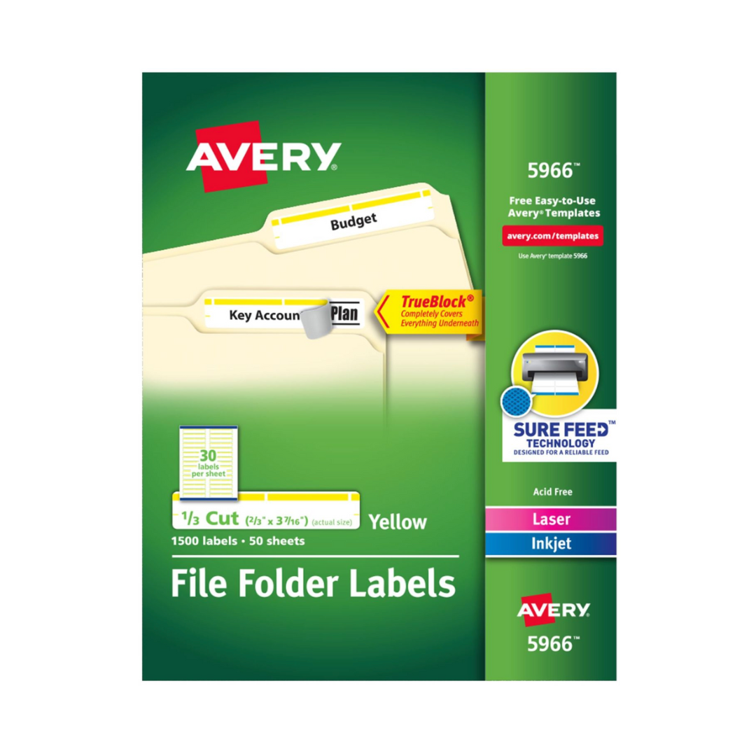 Avery® Etiquetas para carpetas de archivos TrueBlock®, 8.7 x 1.7cms, 1500 etiquetas imprimibles, adhesivo permanente, blanco/amarillo (5966)