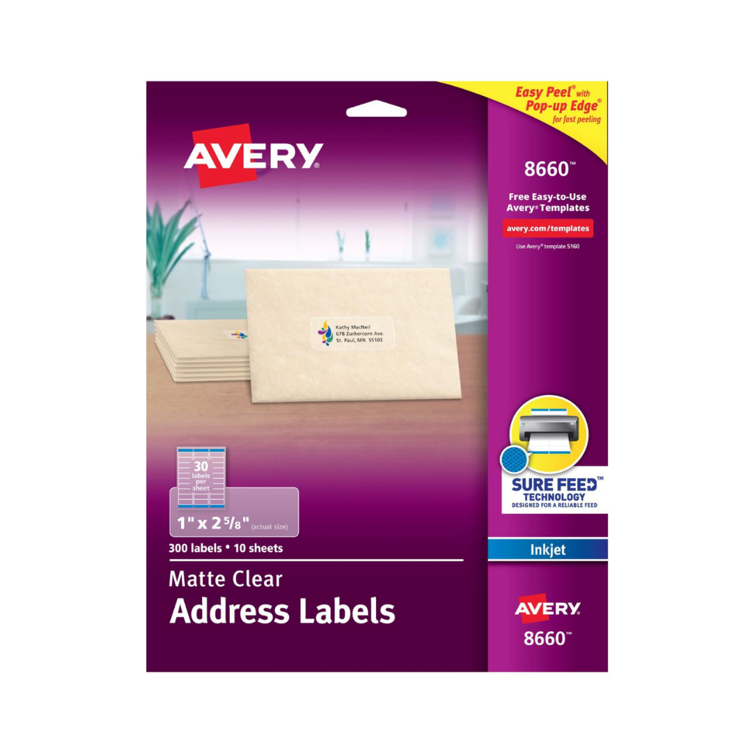 Avery® Etiquetas de dirección transparentes mate, tecnología Sure Feed™, inyección de tinta, 6.7 x 2.5 cms, 750 etiquetas (8660)