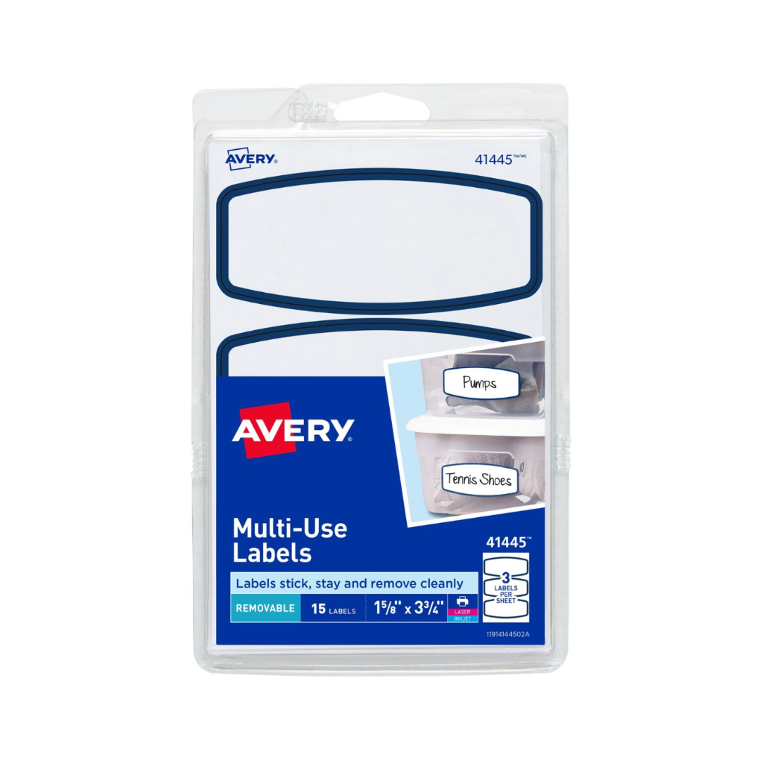 Avery® Etiquetas removibles multiusos, adhesivo removible, borde azul, arco de 9.5 x 4.1 cms, 15 etiquetas (41445)