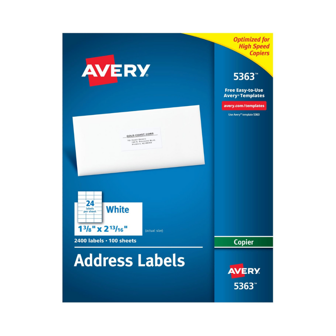 Avery® Etiquetas para nombres y direcciones, uso en fotocopiadoras 7.1 x 3.5 cms, 2400 etiquetas blancas (5363)