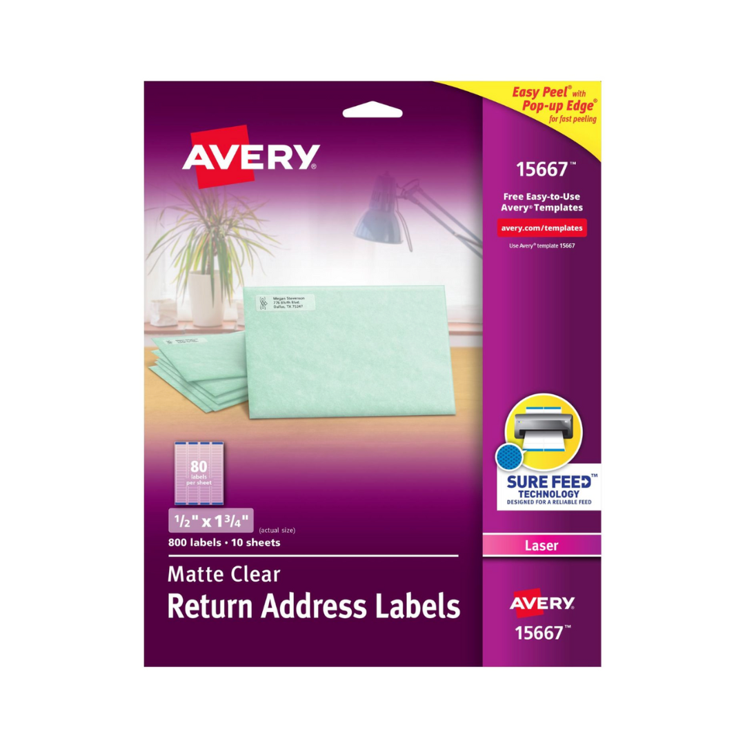 Avery® Etiquetas para envíos, transparentes mate, tecnología Sure Feed™, impresión láser, 4.4 x 1.3 cms, 800 etiquetas (15667)