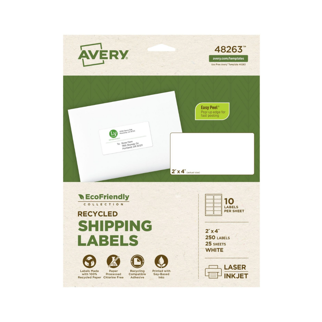 Avery® Etiquetas de envío ecológicas, adhesivo permanente, 10.2 x 5.08 cms, 250 etiquetas (48263)