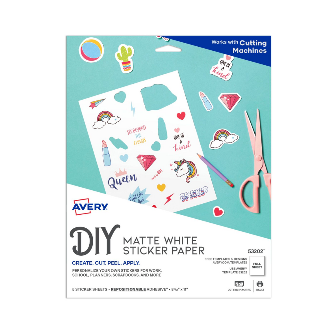 Avery® Papel adhesivo reposicionable para proyectos, 21.5 x 27.9 cms, impresora de inyección de tinta, 5 hojas en blanco mate (53202)