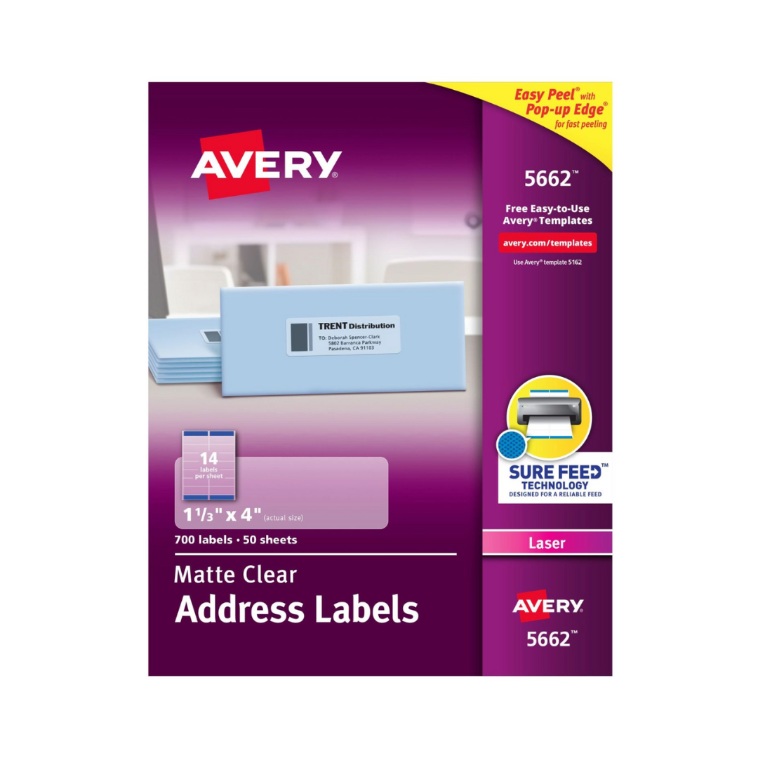 Avery® Etiquetas de dirección transparentes mate, tecnología Sure Feed™, impresión láser, 10.2 x 3.4 cms, 700 etiquetas (5662)