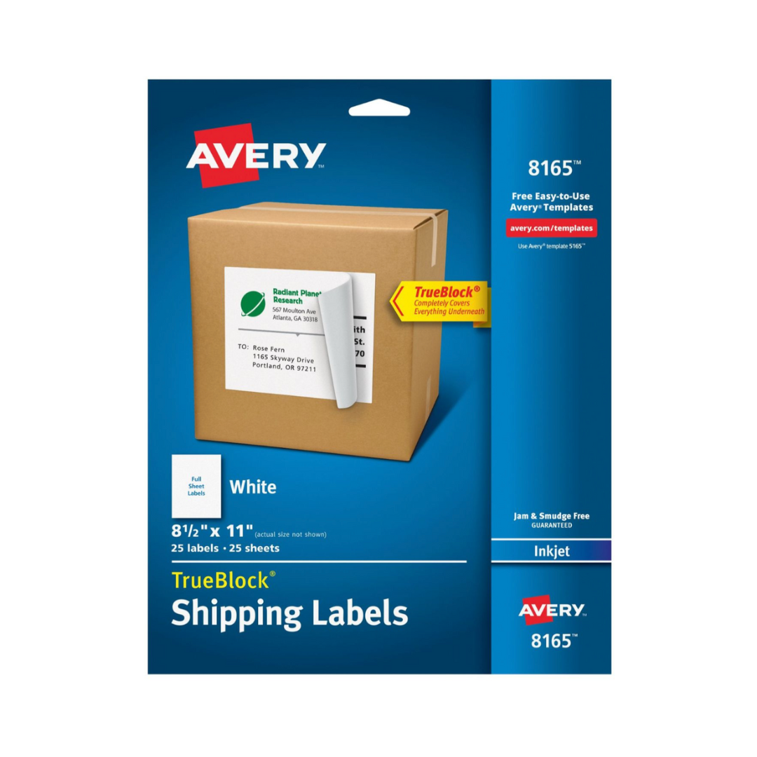 Avery® Etiquetas para envíos, tecnología TrueBlock®, adhesivo permanente, 21.5 x 27.9 cms, 25 etiquetas (8165)