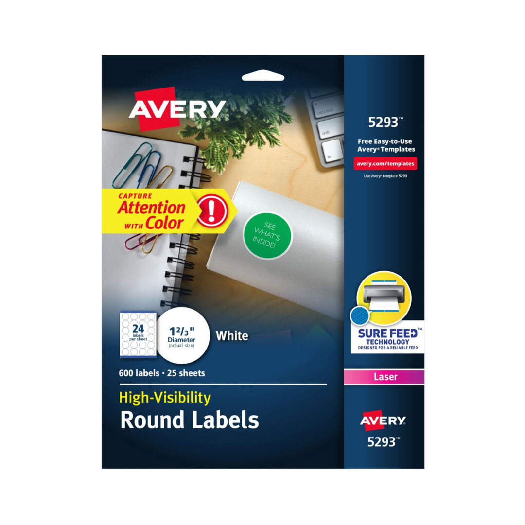 Avery® Etiquetas redondas de alta visibilidad, con Sure Feed™ para impresoras láser, 4.2 cms de diámetro, 600 etiquetas (5293)
