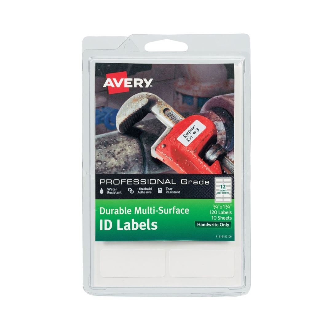 Avery® Etiquetas de identificación multisuperficie duraderas, adhesivo permanente, escritura a mano, 4.4 x 1.9 cms, 120 etiquetas (61521)