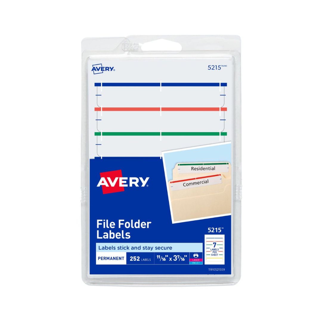 Avery® Etiquetas para carpetas de archivos en hojas de 10 x 15 cms, despegado fácil, surtidas, impresas o escritas a mano, tamaño 8.7 x 1.7 cms, 252 etiquetas (5215)