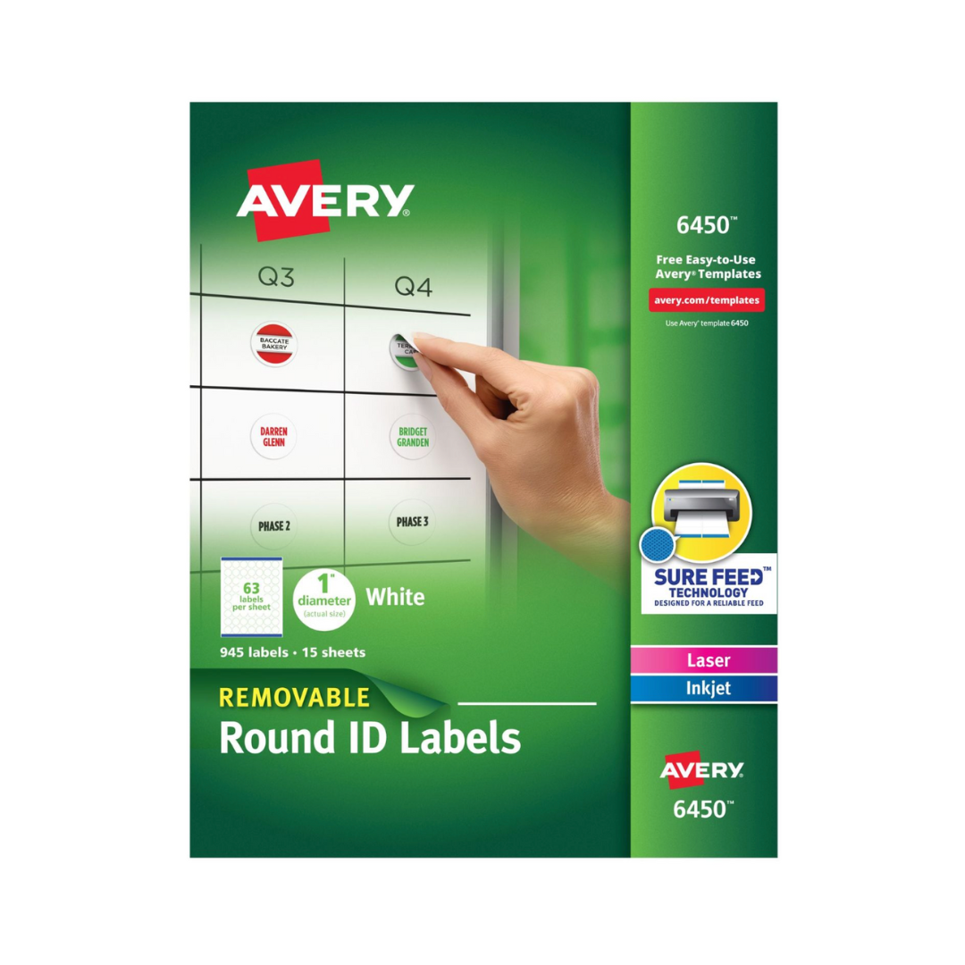 Avery® Etiquetas redondas removibles multiusos, SureFeed, 945 etiquetas, 2.5 cms de diámetro, etiquetas blancas (6450)