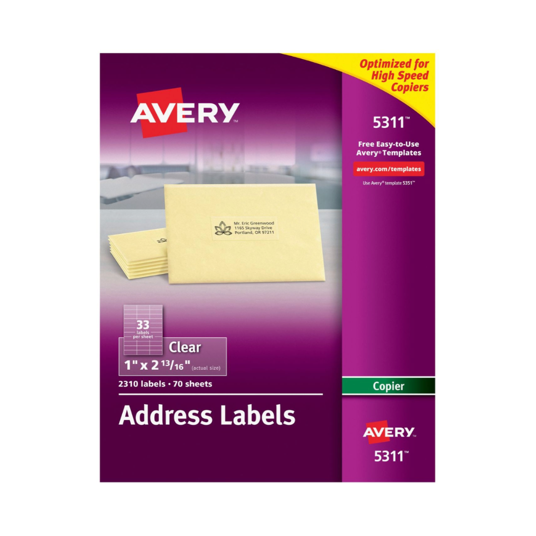 Avery® Etiquetas para nombres y direcciones, transparentes, para uso en fotocopiadoras, adhesivo permanente, 7.1  x 2.5 cms, 2310 etiquetas (5311)